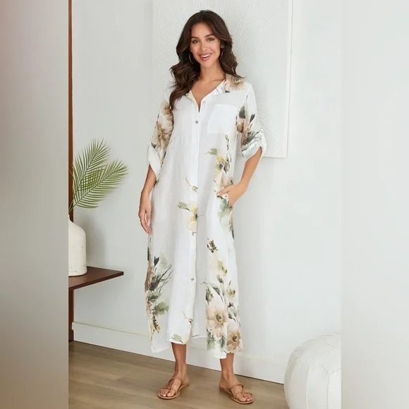 (5-42-MAGNOLIA-BGE) BUTTON DOWN LONG MAGNOLIA FLOWERS LINEN DRESS - Picture 3 of 5